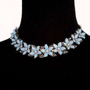 Vintage 50s 60s MCM Blue Flower Thermoset Retro Necklace Rhinestone Choker
